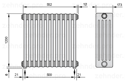 Схема (чертеж) Радиатор Zehnder Charleston 5120/12 №3570 Белый глянцевый RAL 9016